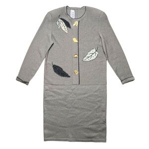 Vintage 80s Embroidered Sweater Dress Large Wool Blend Leaf Minimalist Old Money